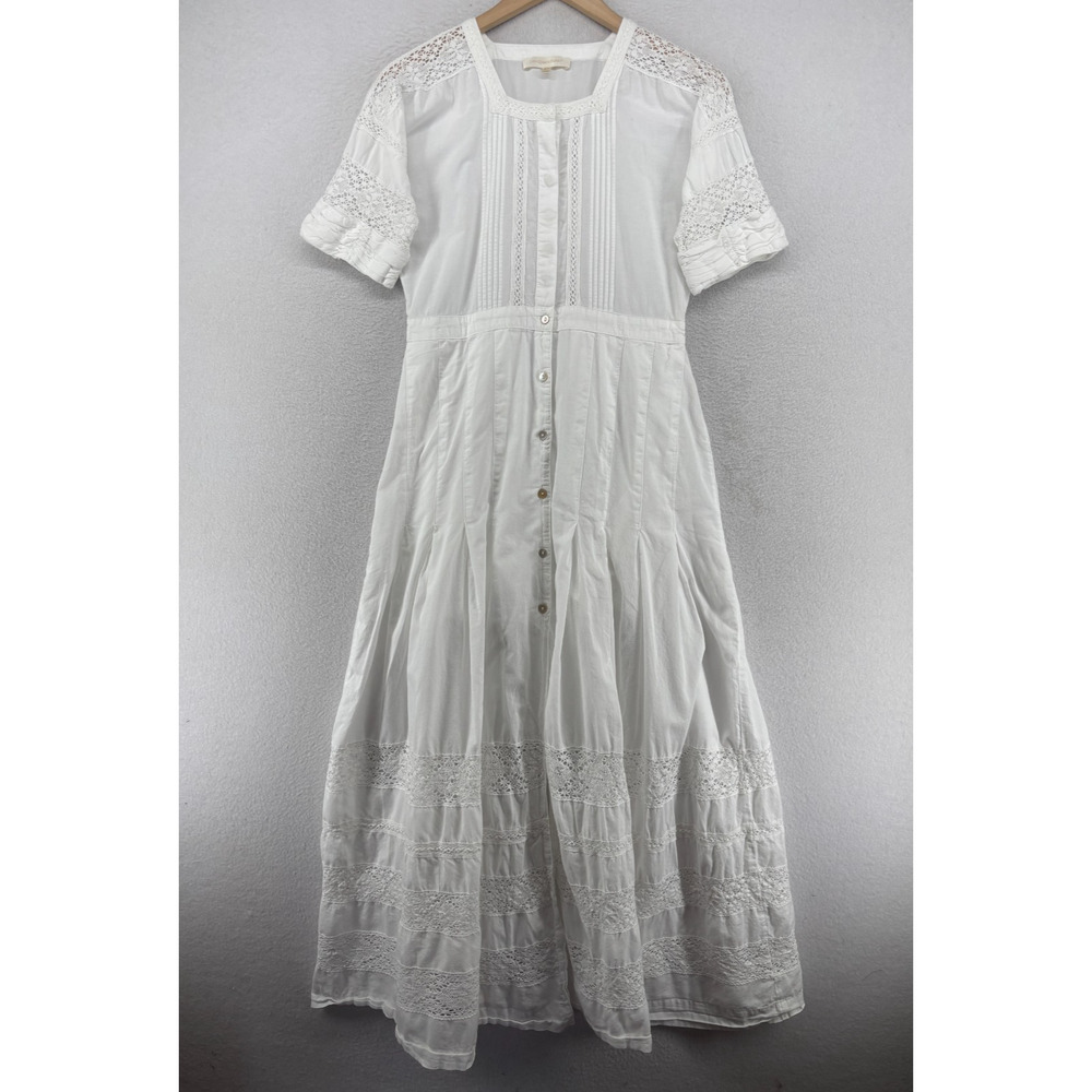 LOVESHACKFANCY Dress Petite Edie Voile Pintuck Lace Trim Cover Up Cotton White - Picture 2 of 14